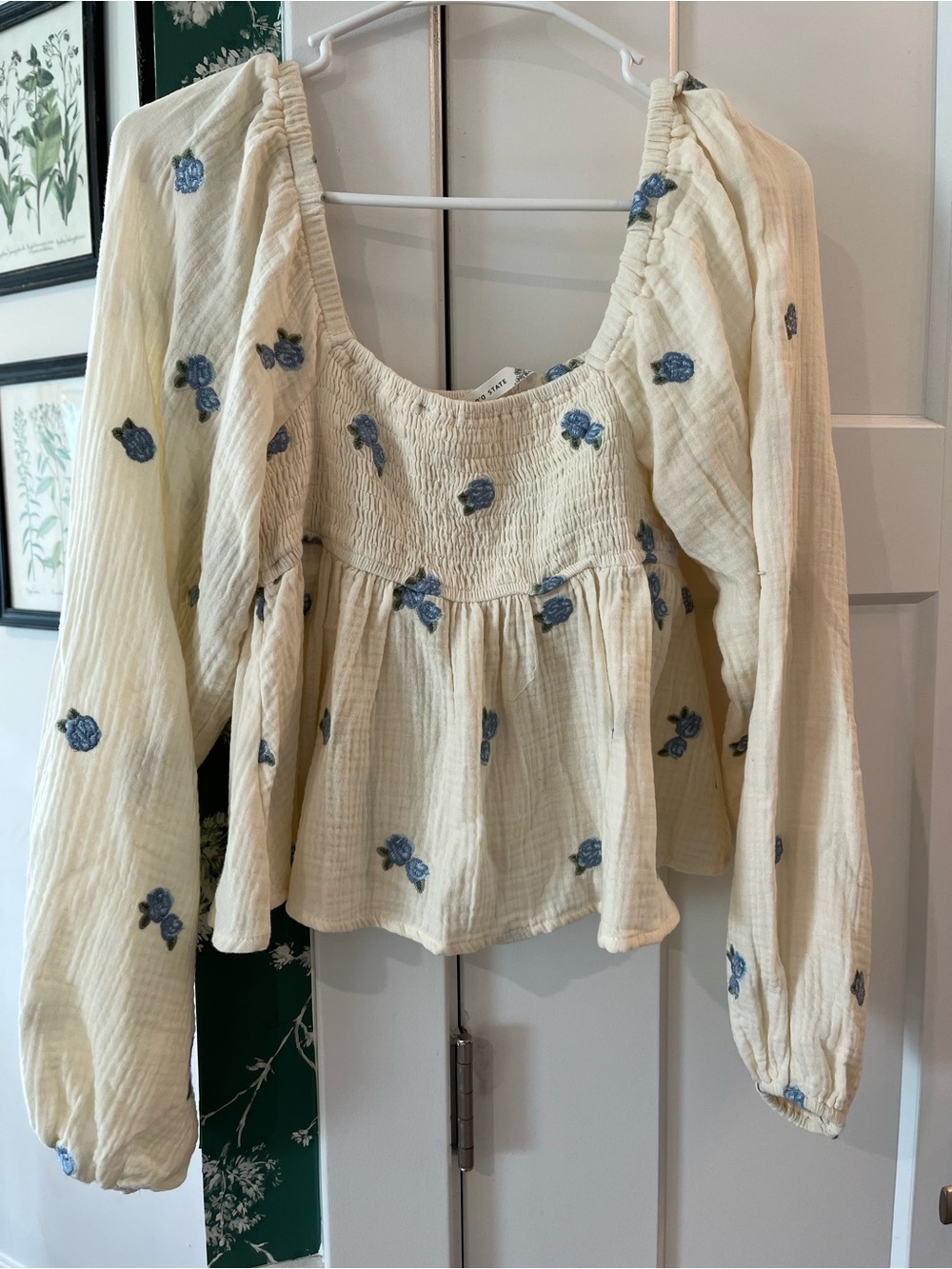 Altar'd State Cream Peasant Blouse with Blue Floral Embroidery